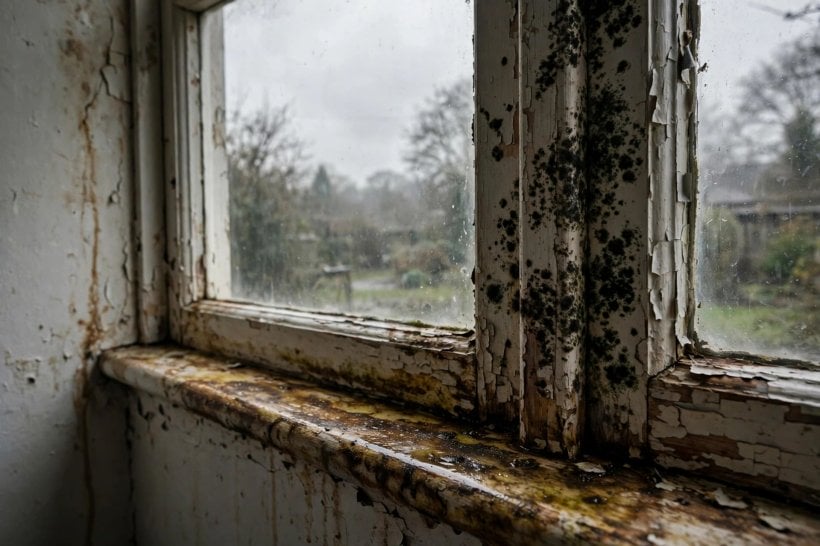 tiny house ventilation: mold growing on a window frame where moisture collected