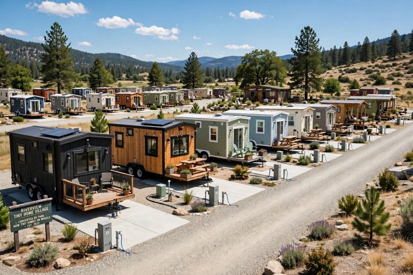 tiny house villages: converted RV park with tiny houses on pads and upgraded utility hookups