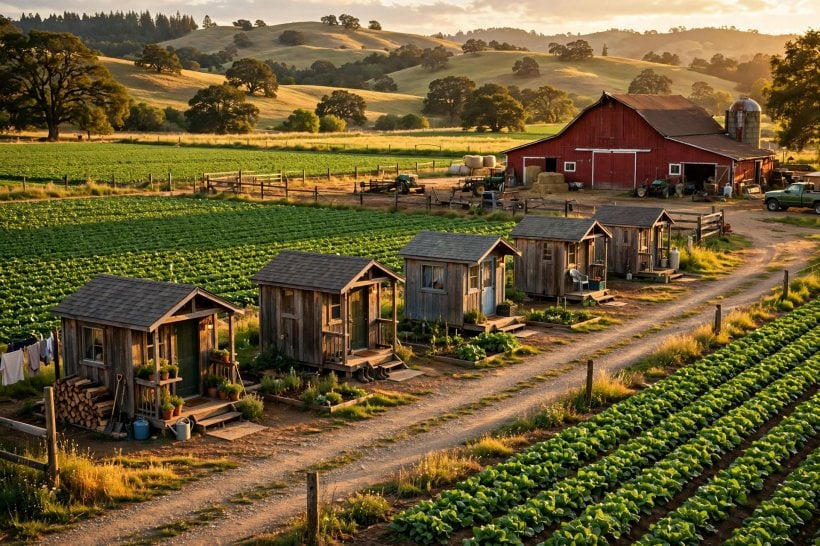 tiny house villages: farm worker tiny houses beside crop fields and a red barn