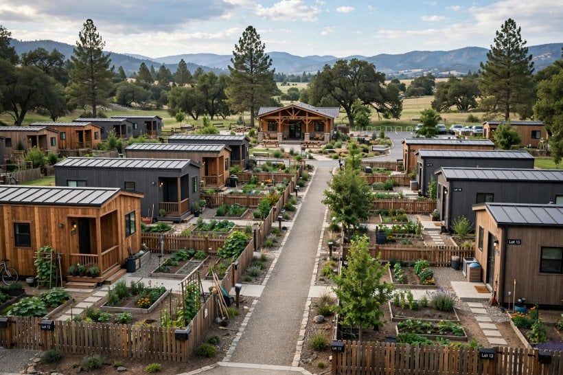 tiny house villages: owner-occupied condominium lots with individual gardens and a clubhouse
