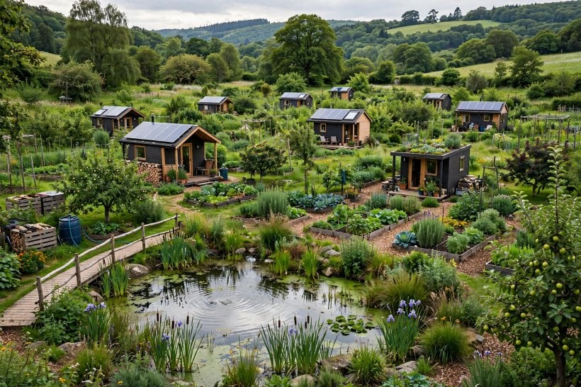 tiny house villages: ecovillage with permaculture gardens, solar panels and a constructed wetland