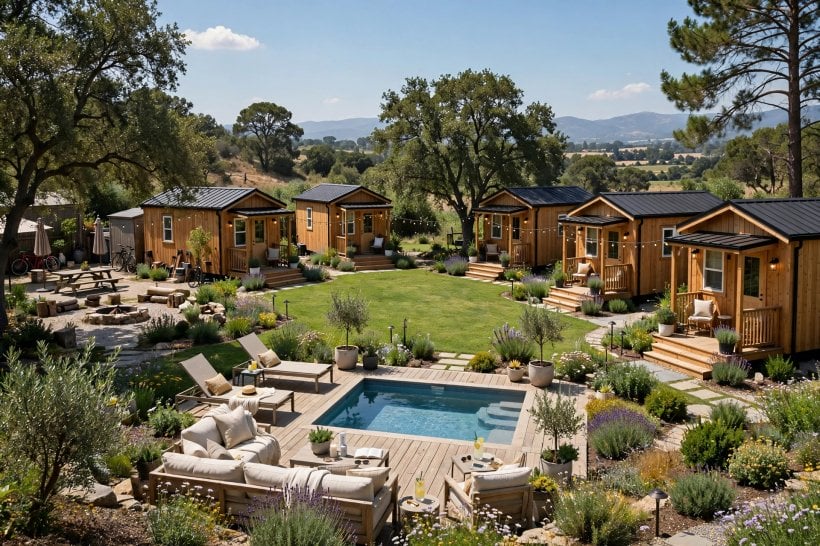 tiny house villages: resort-style rental cottages around a shared lawn and pool deck