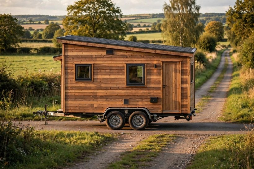 tiny house weight distribution: tiny house on a trailer in side profile with axles centred under the body