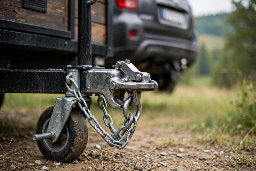 tiny house weight distribution: close view of a trailer hitch and tongue under load