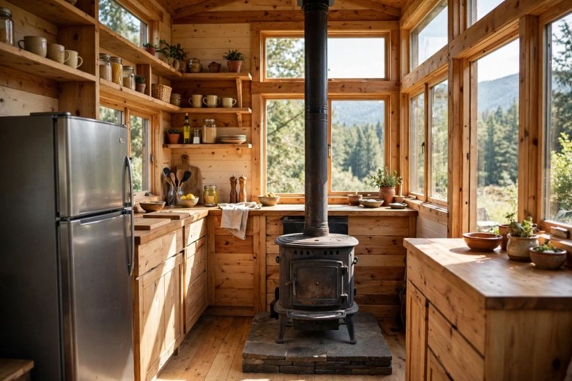 tiny house weight distribution: compact kitchen with fridge and stove centred over the trailer axles