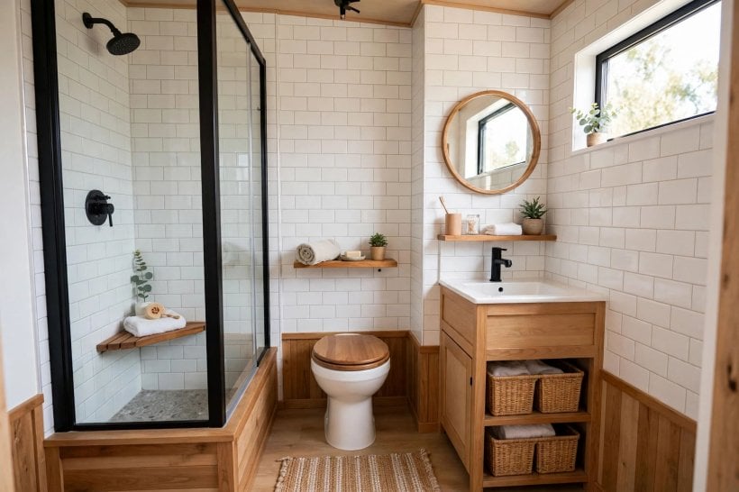 tiny house weight distribution: small bathroom with shower and compact fittings in a tiny house