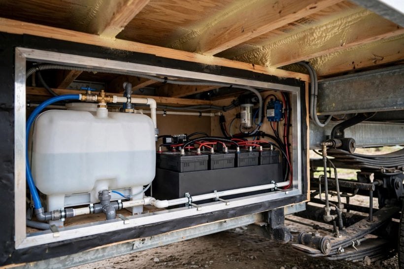 tiny house weight distribution: fresh water tank and battery bank mounted low over the axles