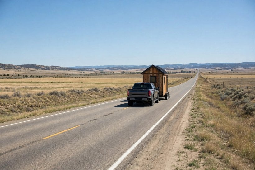 tiny house weight distribution: tiny house trailer being towed steadily on an open road
