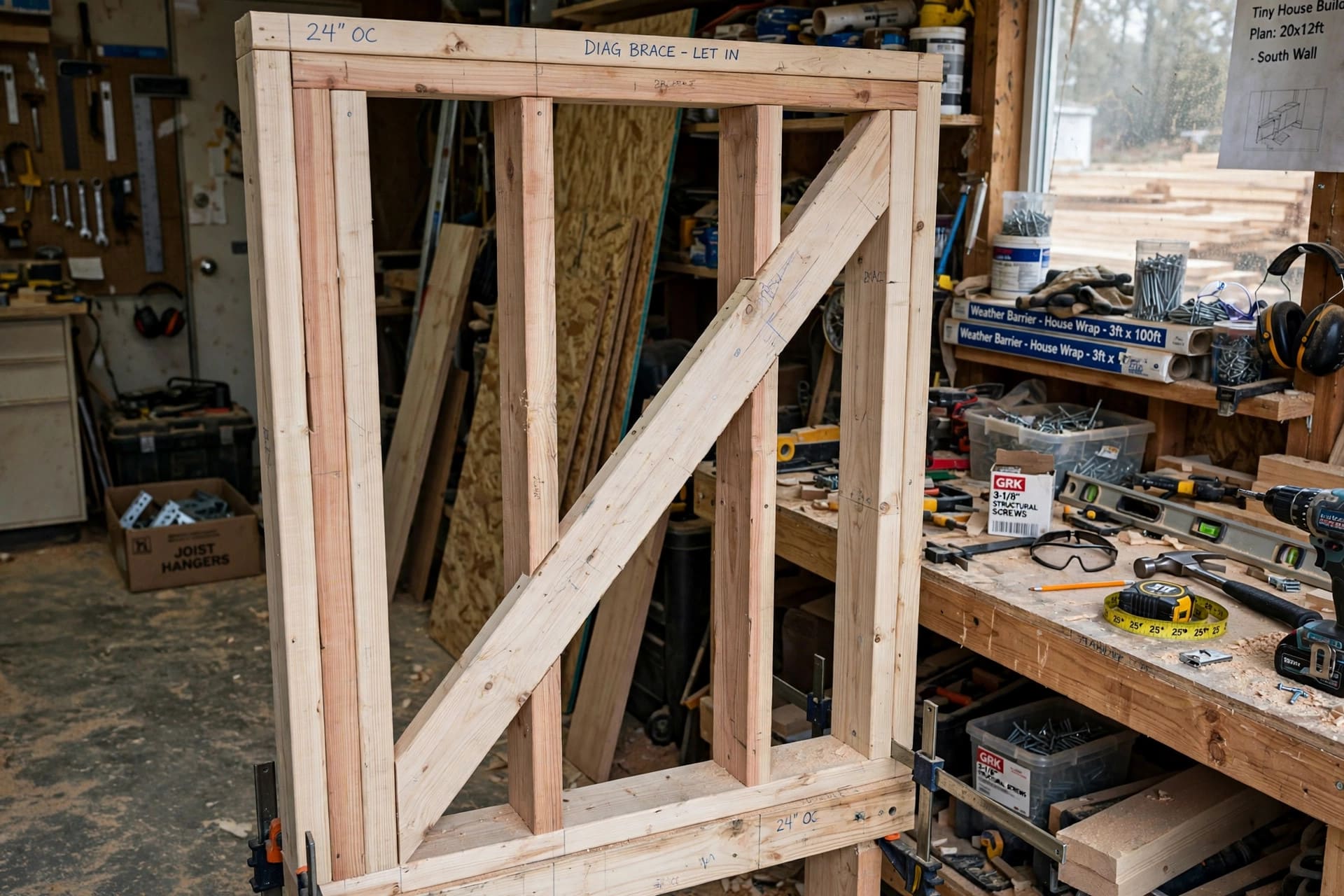 tiny house wind load shear calculator: wall framing with diagonal bracing resisting racking