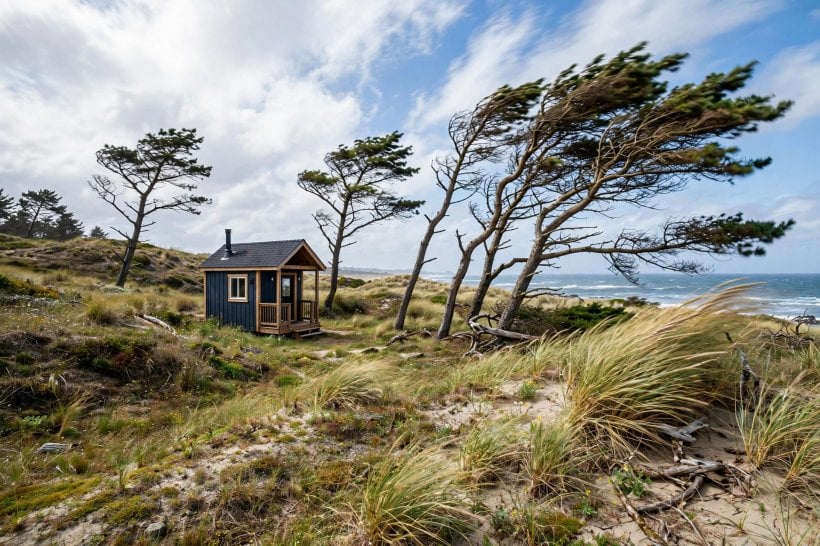 tiny house wind load shear calculator: coastal site where wind shapes the trees and the exposure