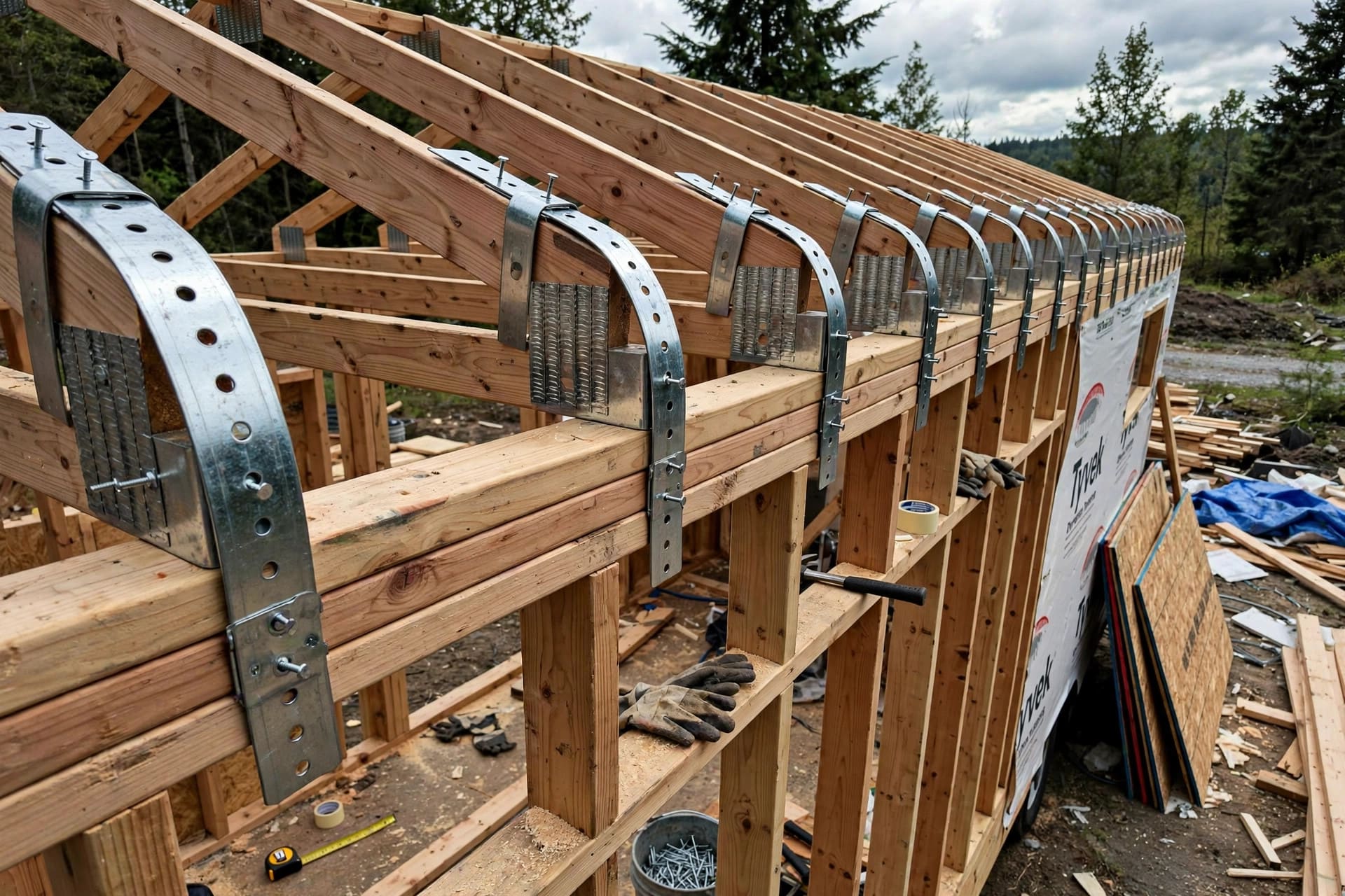 tiny house wind load shear calculator: metal straps continuing the load path along a top plate