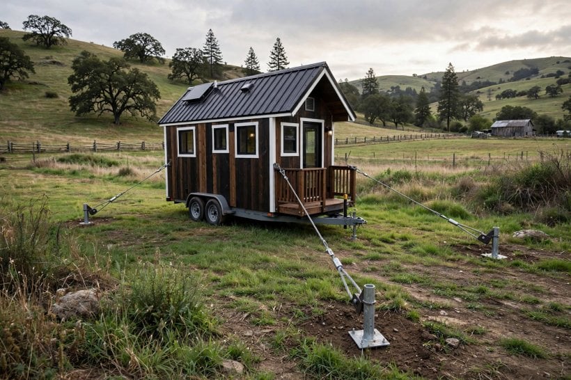 tiny house wind load shear calculator: ground anchors and steel cables holding a house against uplift