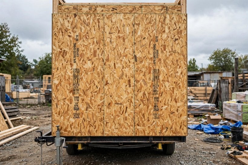 tiny house wind load shear calculator: fully sheathed wall with framed openings, ready for siding