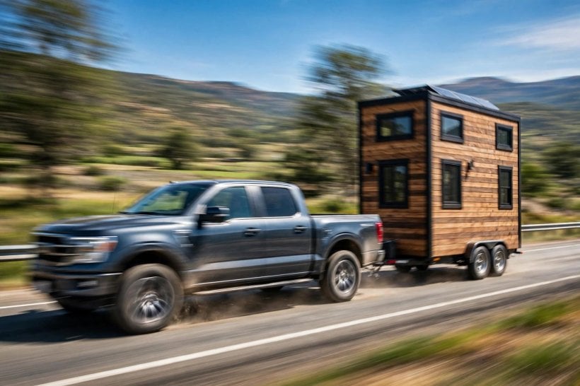 tiny house wind resistance: a truck towing a tall boxy tiny house at highway speed