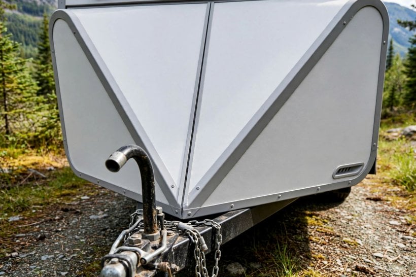 tiny house wind resistance: a sloped v-nose front on a tiny house trailer with rounded corners