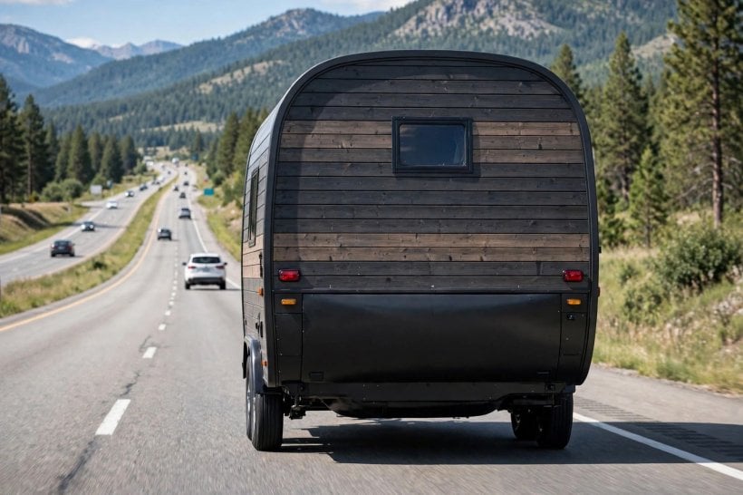 tiny house wind resistance: the rear of a tiny house on the highway with a smooth enclosed underbody