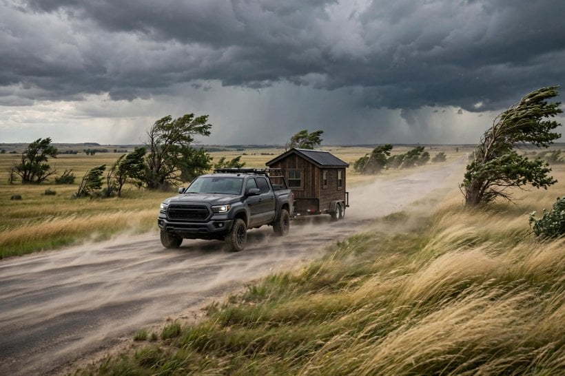 tiny house wind resistance: a tiny house tow rig on an open highway with trees bending in a strong crosswind
