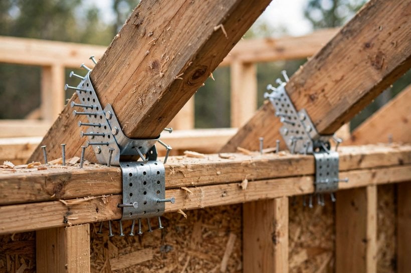 tiny house wind resistance: hurricane ties and steel strapping connecting rafters to the wall frame