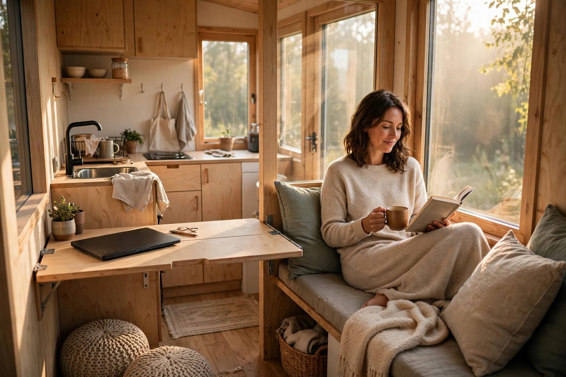 could you live in a tiny house: a slow morning in the window nook, coffee and a book