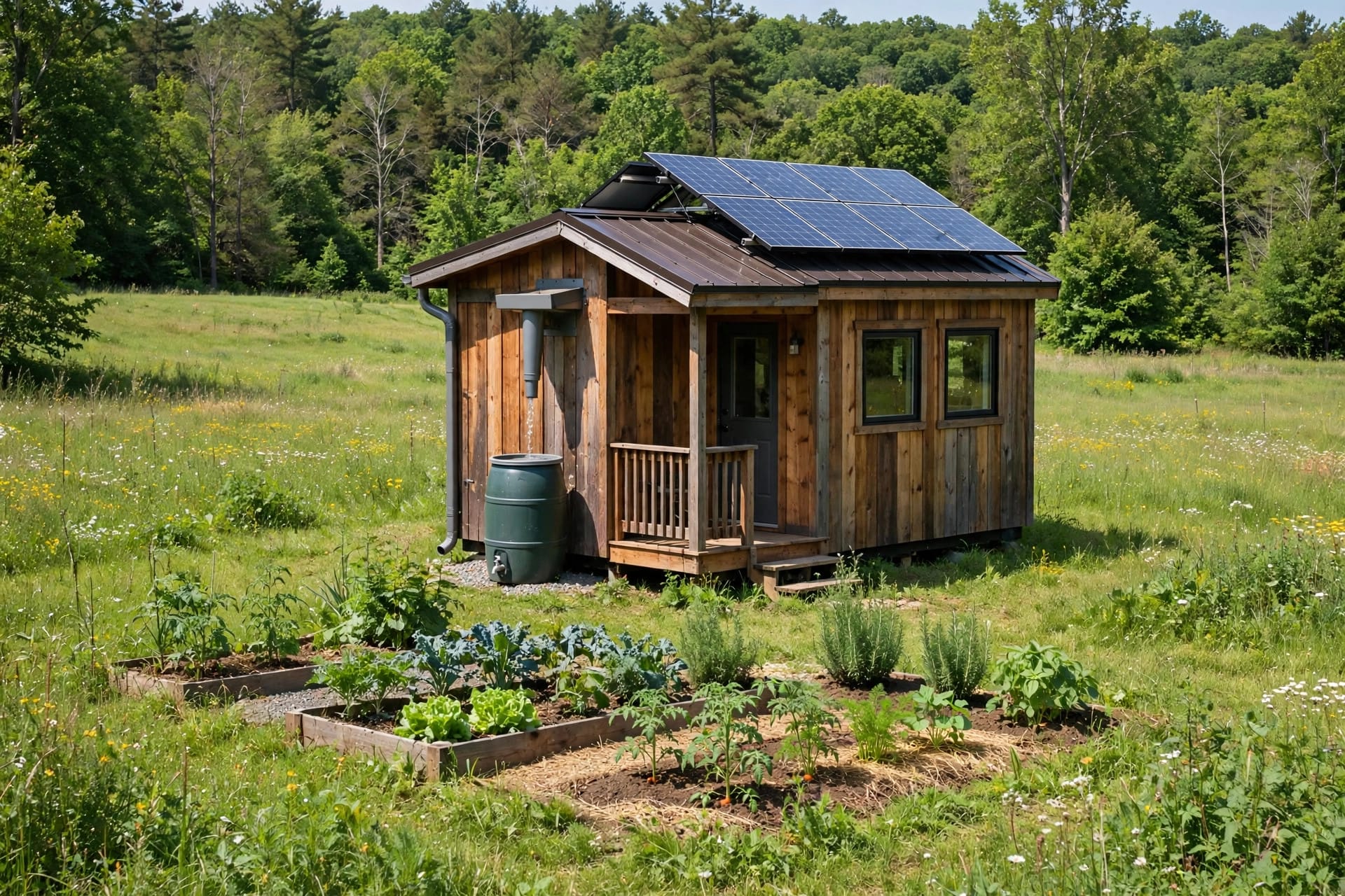 could you live in a tiny house: an off-grid tiny house with solar panels and a rain barrel