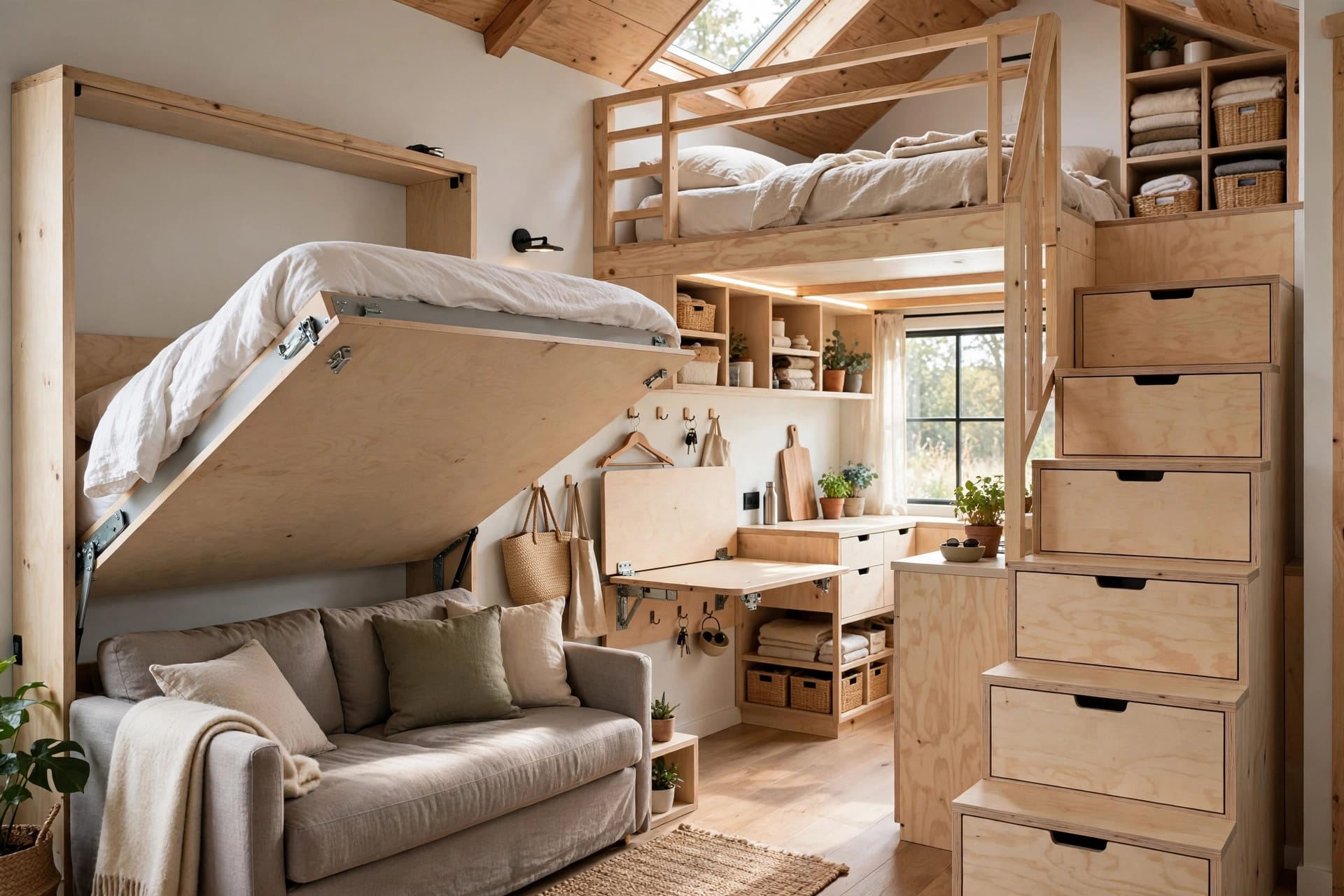 could you live in a tiny house: a wall bed, storage stairs and a fold-down table