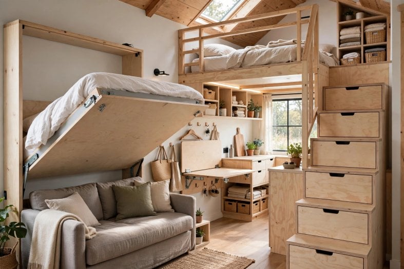 could you live in a tiny house: a wall bed, storage stairs and a fold-down table