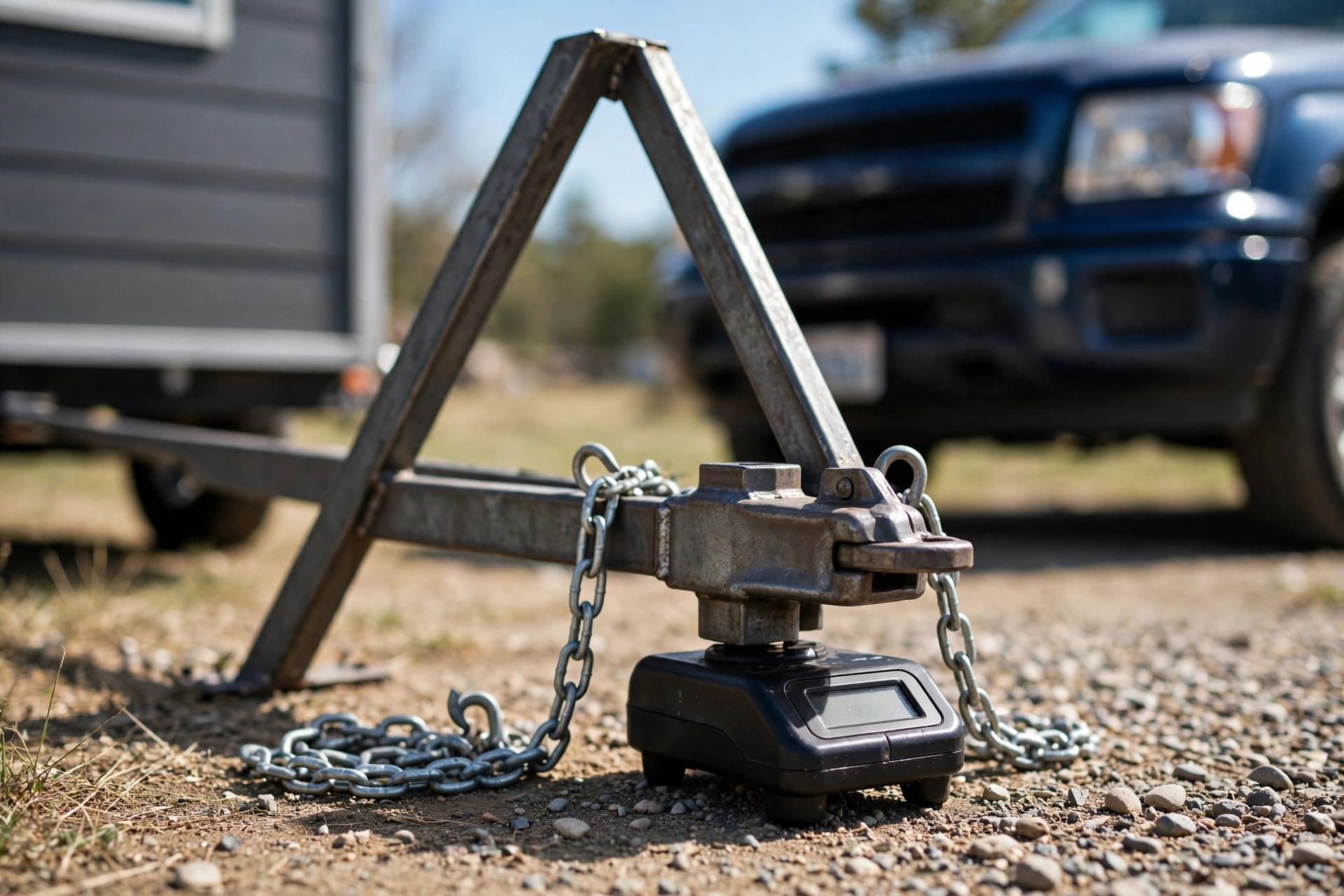 tongue weight: tiny house trailer coupler resting on a hitch scale in front of a tow truck
