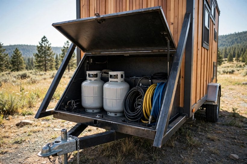 tongue weight: open tongue box on a tiny house trailer holding propane tanks and coiled cables