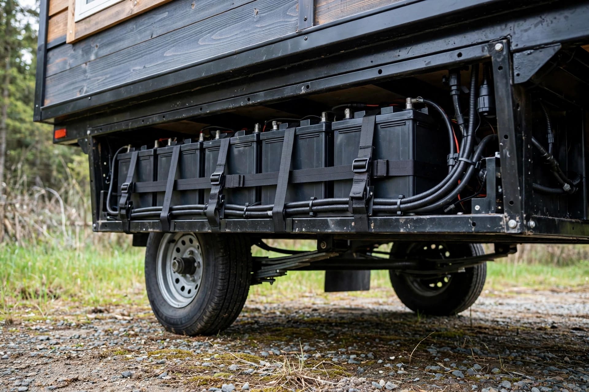tongue weight: AGM battery bank strapped into a low bay directly over the trailer axles