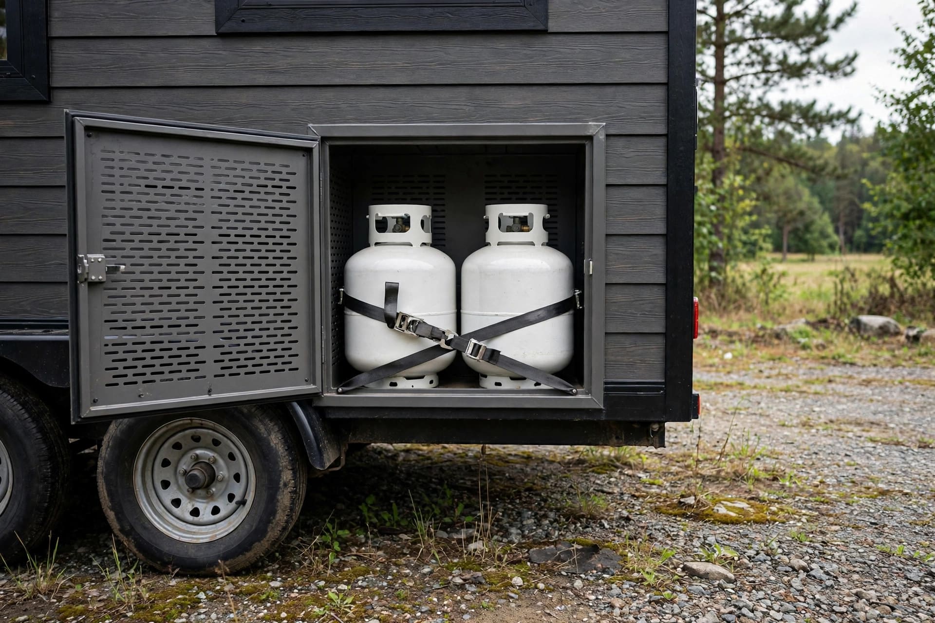 tongue weight: two propane tanks secured upright in a ventilated compartment over the axles