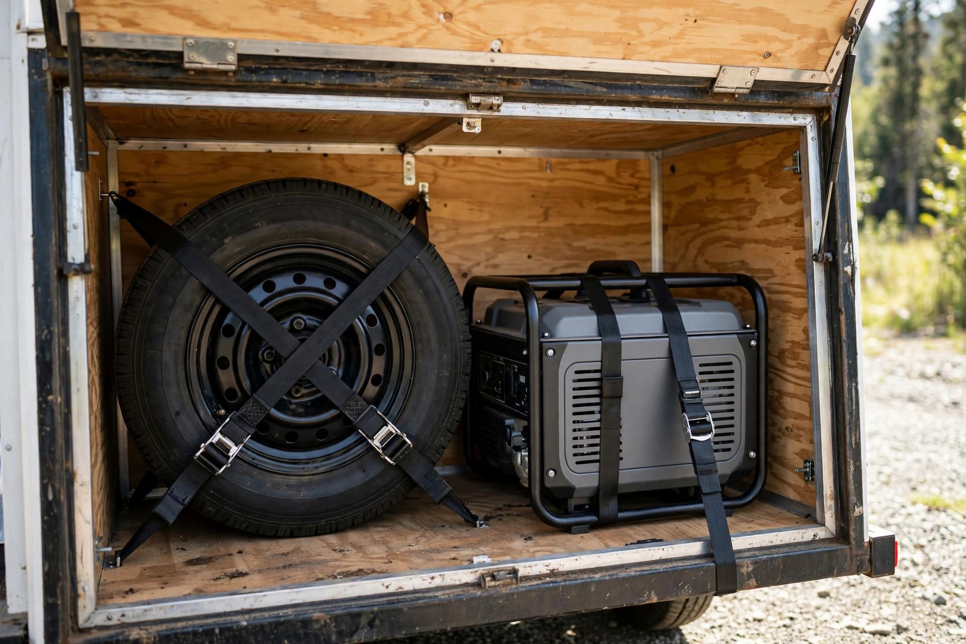 tongue weight: spare tire and portable generator secured side by side in a trailer storage bay