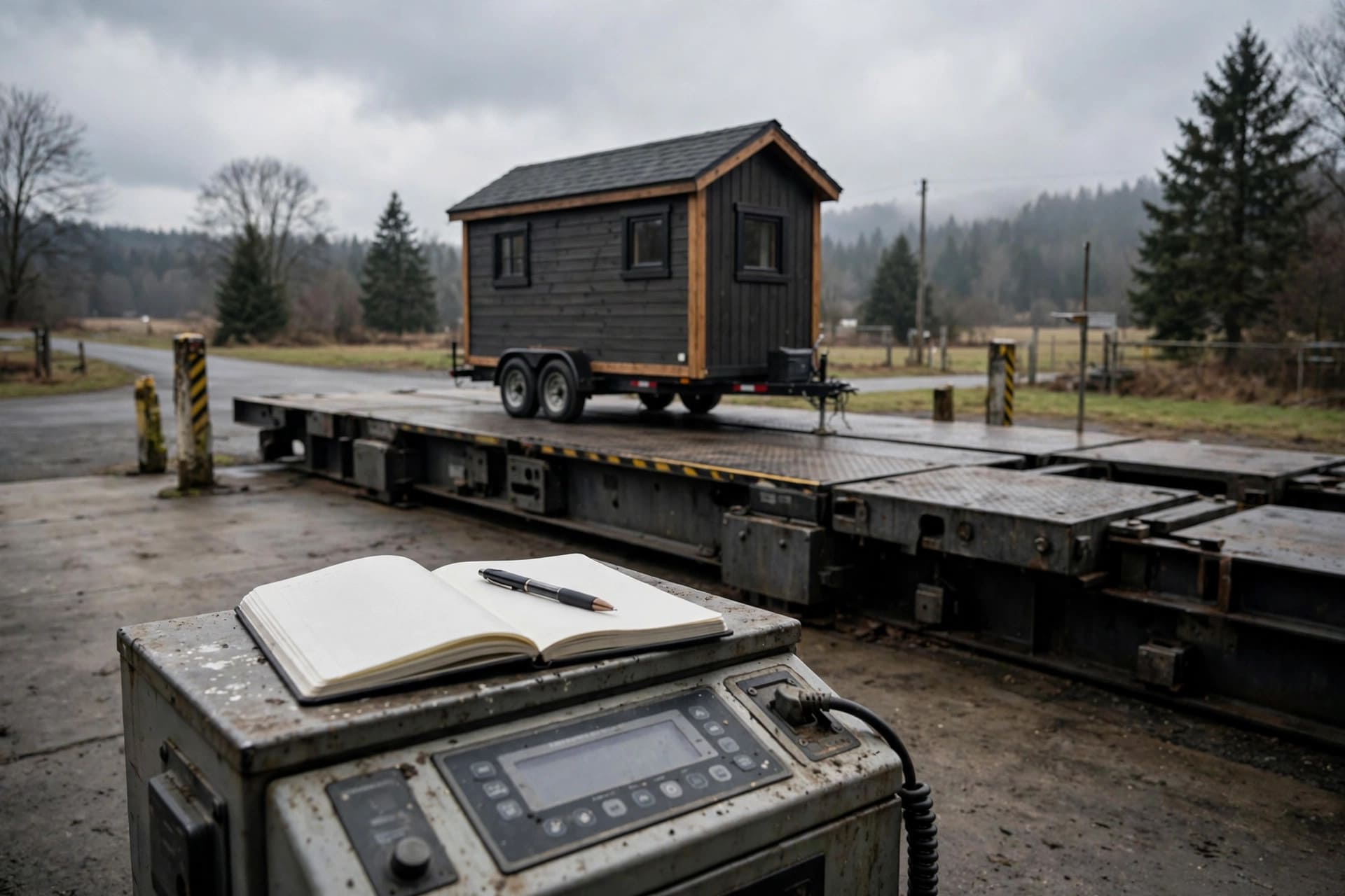 tongue weight: tiny house trailer on a platform scale with a notebook recording the readings