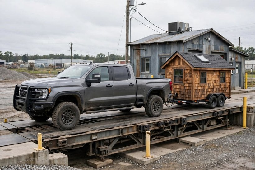 towing a tiny house: a one-ton dually diesel hitched to a tiny house on wheels at a weigh station
