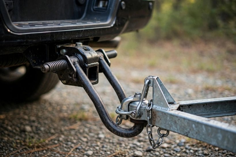 towing a tiny house: weight-distribution hitch and sway-control bars connecting truck and trailer