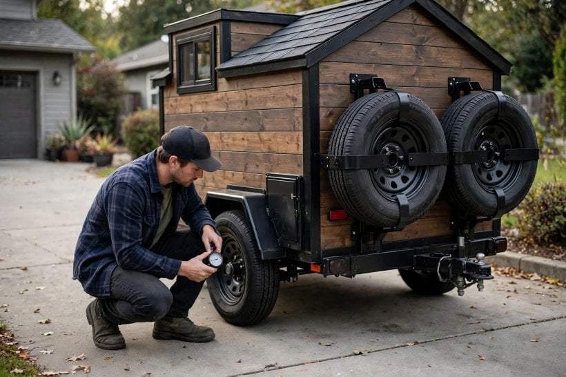 towing a tiny house: checking trailer tire pressure and DOT date code before a trip