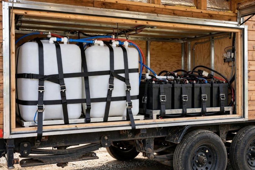 towing a tiny house: heavy water tanks and batteries loaded low over the trailer axles