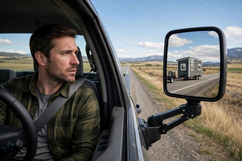 towing a tiny house: driver checking mirrors while towing a tiny house down a calm highway