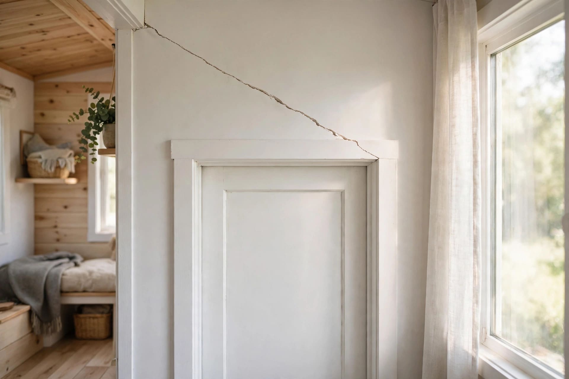 trailer frame rigidity visualizer: hairline crack across a drywall corner joint inside a tiny house