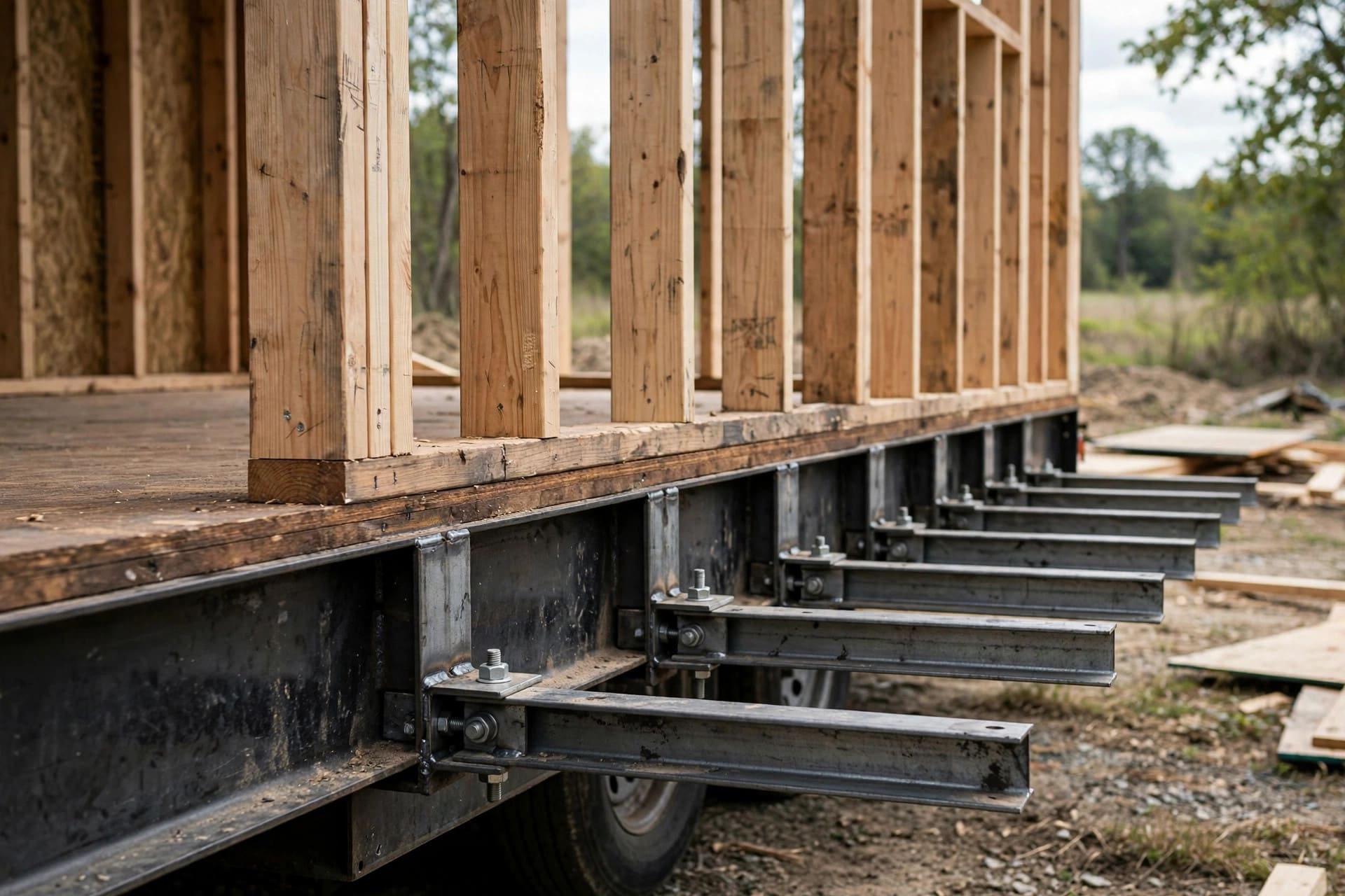 trailer frame rigidity visualizer: steel outriggers carrying wall framing at the edge of the deck