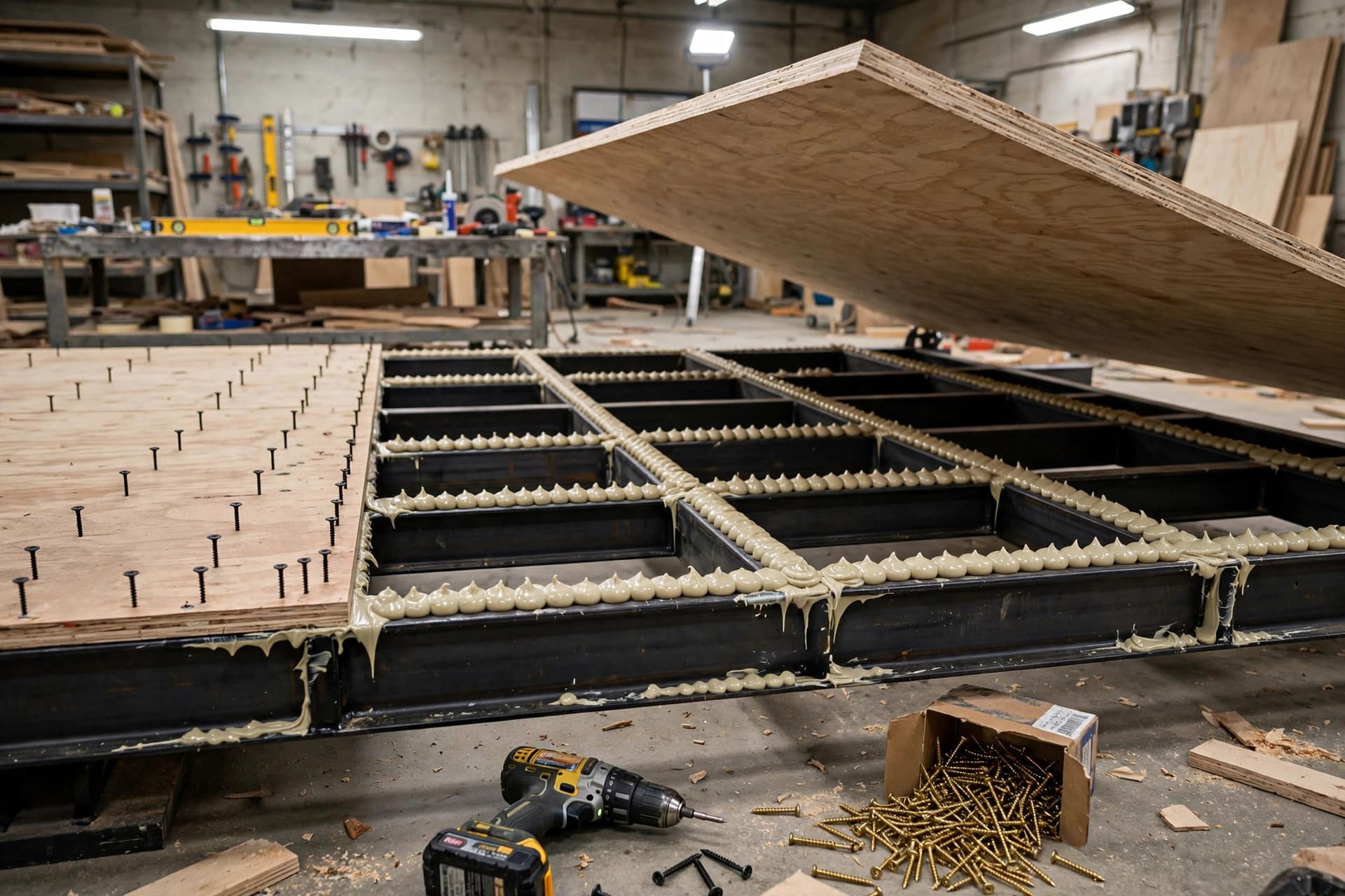 trailer frame rigidity visualizer: subfloor panel being laid onto adhesive-covered crossmembers