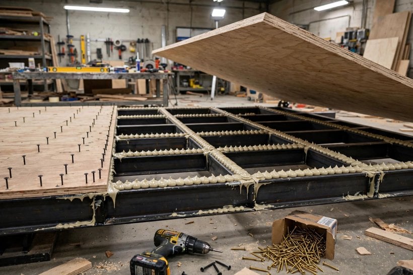 trailer frame rigidity visualizer: subfloor panel being laid onto adhesive-covered crossmembers