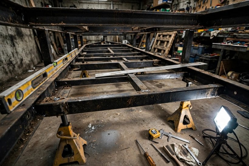 trailer frame rigidity visualizer: inspecting a trailer frame underside with a level and straightedge