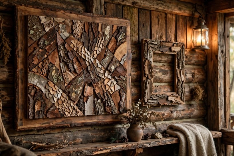 Tree Bark Crafts: bark mosaic wall art and a bark-edged frame