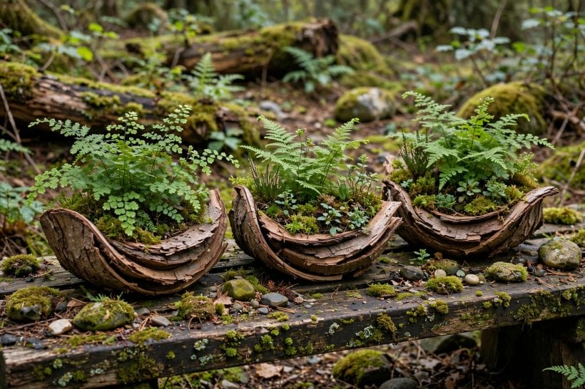 Tree Bark Crafts: bark slab planters holding ferns on a woodland bench