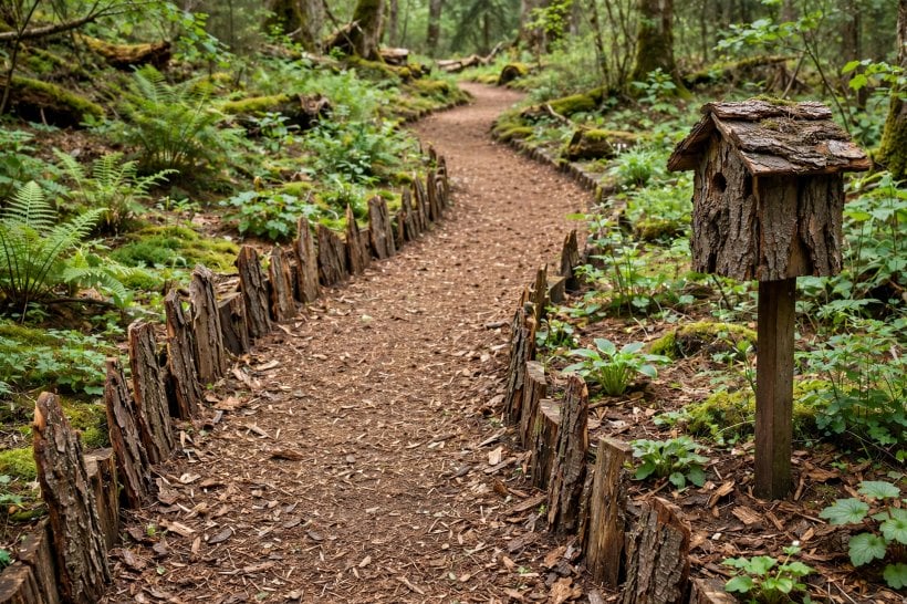 Tree Bark Crafts: bark slab path edging and a bark-sided birdhouse