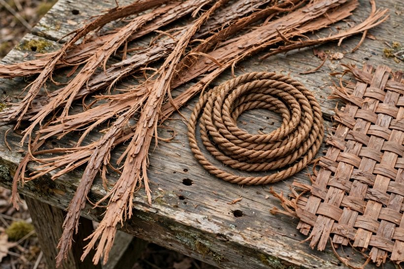 Tree Bark Crafts: cedar bark strips, twisted cordage and a woven bark mat