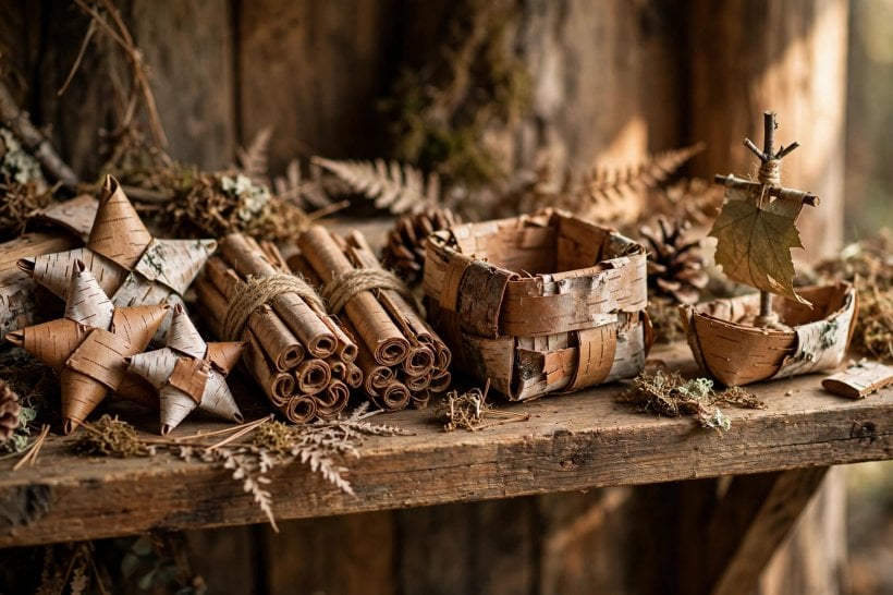 Tree Bark Crafts: birch bark ornaments, fire starter bundles and a bark boat