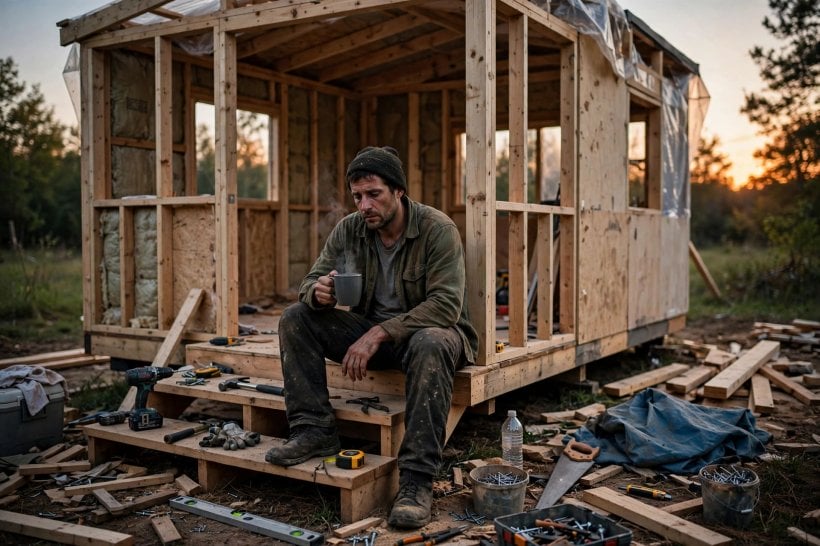 true cost of tiny houses: a DIY builder resting beside a half-finished build at dusk