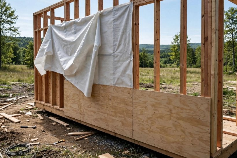 Tyvek vs. ZIP System: framed tiny house wall with sheathing and wrap going on