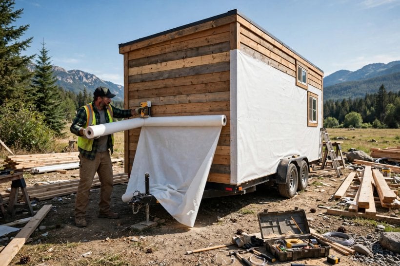 Tyvek vs. ZIP System: unrolling a wide sheet of house wrap across a tiny house wall